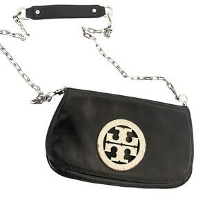 Tory Burch Reva Black Leather Purse Detachable Silver Chain Strap Crossbody